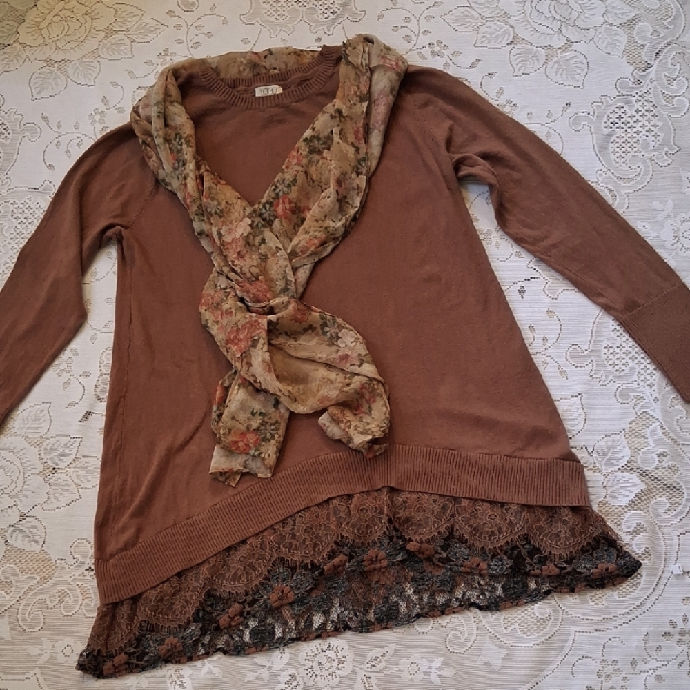 LOGO Brown Long Sleeve Sweater Top with Lace Hem Detail & Scarf BUNDLE SZ LARGE